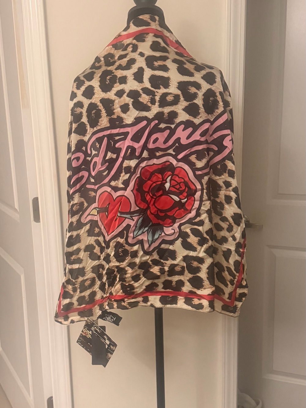 Ed Hardy Leopard Print Scarf with Red Rose and Pink Logo